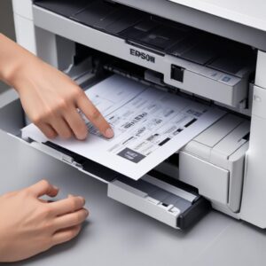 A person's hand adjusting the paper guides in the input tray of an Epson L3210 printer, ensuring a stack of clean A4 paper is perfectly aligned.