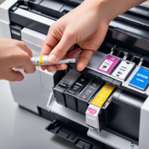 A person's hand carefully inserting a new ink cartridge into an open Epson printer, with other colorful ink tanks visible, emphasizing the importance of ink levels.