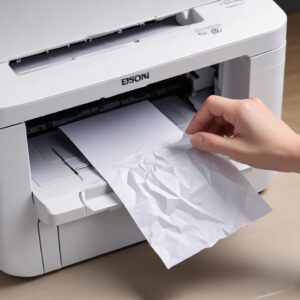 A person's hand carefully removing a crumpled piece of paper from inside an Epson L3210 printer, illustrating the paper jam troubleshooting step.
