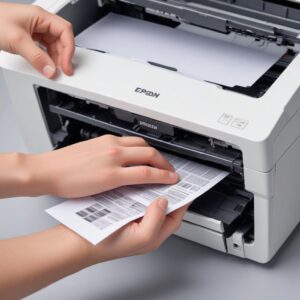 A person's hand carefully removing a piece of jammed paper from the interior of an Epson L3210 printer. Focus on the printer's internal mechanism.