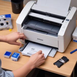 A person's hand carefully removing an Epson L3210 printer's maintenance box or waste ink pad, with tools scattered on a clean desk.