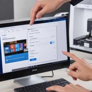 A person's hand clicking a download button on a website, showing a screen with