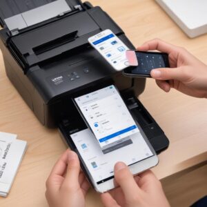 A person's hand holding a smartphone, showing the Epson iPrint app interface, connected wirelessly to an Epson Printer. The app displays options for print, scan, and copy.