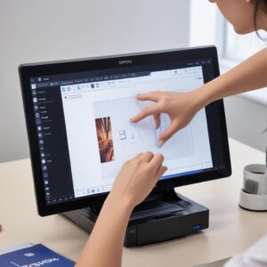 A person's hand interacting with the Epson Scan 2 software interface on a computer screen, showing various settings for resolution, document type, and image type. The Epson L3210 printer is in the background, connected via USB.