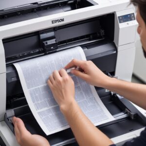A person's hand performing a head cleaning procedure on an Epson L3210 printer via computer software, with a clean test print pattern displayed on the screen.