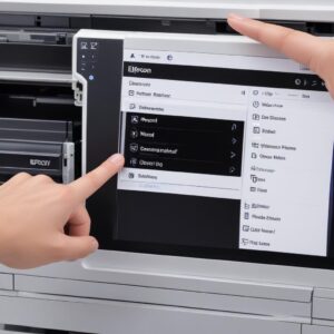 A person's hand pointing at the'Maintenance' tab on an Epson printer driver interface on a computer screen, with'Head Cleaning' option highlighted.