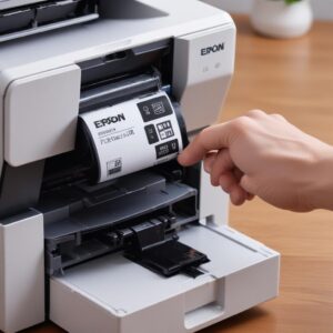 A person's hand pouring an Epson 003 black ink bottle into the printer's ink tank, demonstrating the easy refill process. The bottle has an anti-spill design.