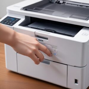 A person's hand pressing the power button on an Epson L3210 printer, with a hopeful expression on their face. The printer's indicator light should be off, awaiting a successful power-on.