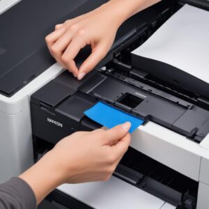A person's hand using a microfiber cloth to gently clean the encoder strip inside an open Epson L3210 printer, highlighting careful maintenance.