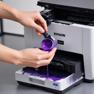 A person's hands carefully pouring ink from an Epson ink bottle into the respective color tank of an Epson L3210 printer. The focus is on the ink filling process to avoid spills and air bubbles.