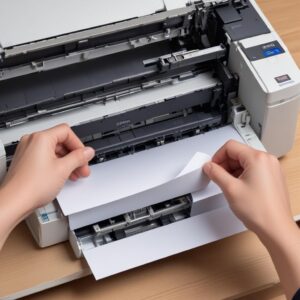 A person's hands carefully removing a jammed piece of paper from inside an open Epson L3210 printer, with various internal components visible.
