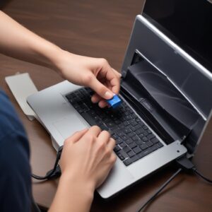 A person's hands holding a USB cable, connecting it from a laptop to an Epson printer, indicating the setup process.