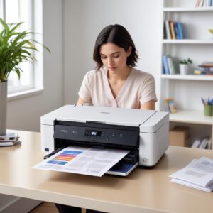 A pristine Epson L3210 printer in action, smoothly printing a vibrant, colorful document. The printer looks modern and efficient, with a clear print output.