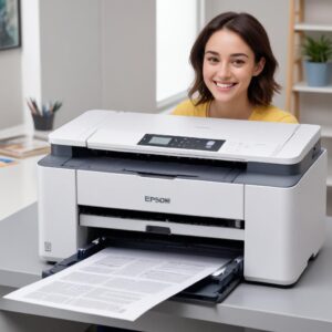 A pristine, perfectly printed document (could be a colorful photo or a sharp text document) emerging from an Epson L3210 printer, with a happy, relieved user smiling in the background. The overall impression is one of success and satisfaction.