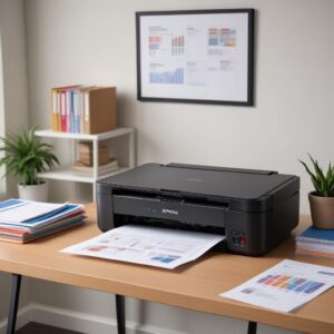 A pristine, well-maintained Epson L3210 printer sitting on a clean desk, next to a stack of brightly colored printed documents, symbolizing successful troubleshooting and optimal performance.