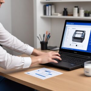 A professional hand pointing to a laptop screen showing the