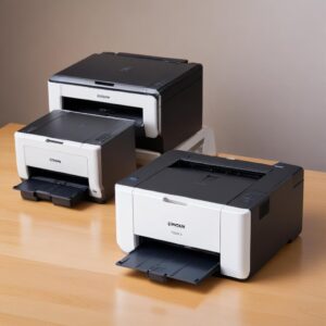 A side-by-side comparison image of the Epson L3210, L3110, and L3250 printers, highlighting the differences in their ink tank design and physical appearance. Text labels point out