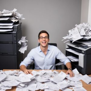 A side-by-side comparison image: on one side, a chaotic pile of broken printer parts and receipts, representing printer ownership headaches; on the other, a clean, modern printer with a happy office worker, representing rental ease.