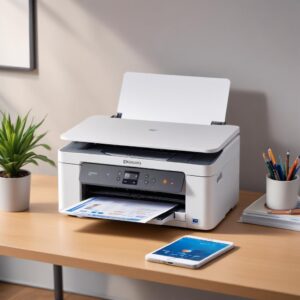 A sleek white Epson EcoTank L3250 printer, seen from a slight angle, with a smartphone displaying the Epson iPrint app connected to it via Wi-Fi Direct, showcasing ease of mobile printing. The background is a clean, modern home office setup with natural light.
