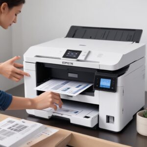 A sleek white Epson EcoTank Printer with multiple ink tanks visible, performing print, scan, and copy functions simultaneously. A user is placing a document on the scanner bed.