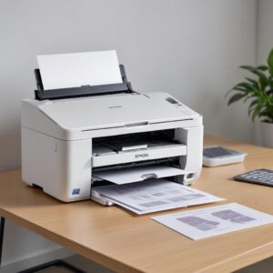 A sleek white Epson L3210 printer connected to a laptop via a USB cable on a clean desk. The printer shows its ink tanks clearly visible.