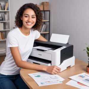 A smiling person giving a thumbs-up next to a neatly organized desk with a functional Epson L3210 printer, a stack of clean paper, and a laptop displaying a