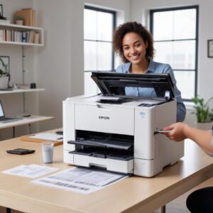 A smiling person successfully printing documents from their Epson L3210 printer, with the ink light now off, indicating the problem has been resolved. The background is a clean home office.