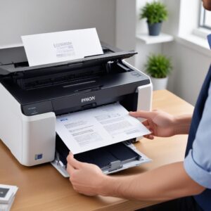 A smiling person successfully scanning a document on an Epson L3210 printer, with a
