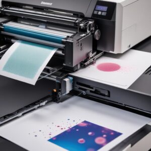 A split image showing a printer laser mechanism on one side (with a fuser and drum unit) and an inkjet printhead spraying tiny ink droplets onto paper on the other, illustrating their different printing processes.