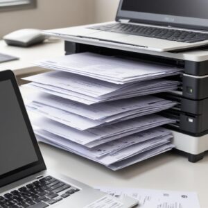 A stack of neatly double-sided printed documents next to an open laptop displaying print settings, emphasizing productivity and professional output.