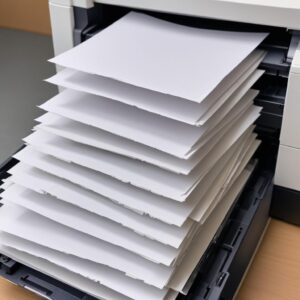 A stack of office paper, some appearing slightly wrinkled or damp, next to an Epson L3210 printer's paper tray, emphasizing poor paper condition.