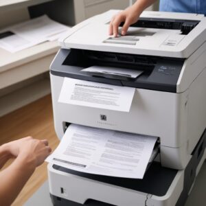 A stack of perfectly printed documents emerging from a laserjet printer, illustrating high-quality, sharp text output, with a happy expression on a person in the background.