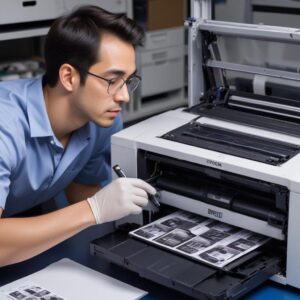 A technician carefully inspecting the ink tubes and print head assembly of an Epson L3210 printer with a small flashlight to check for air bubbles or clogs.