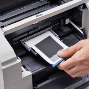 A technician's hand using a tool to carefully clean the waste ink pad area inside an opened Epson L3210 printer, highlighting the absorbent pad.