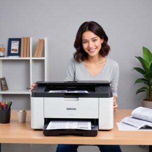 A user happily printing documents with a perfectly working Epson L3210 printer, showing satisfaction after resolving the ink pad issue.