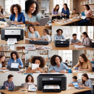 A vibrant collage image showcasing happy users (students, small business owners, families) using Epson L-series printers (L3210 and L3110). There are documents, photos, and a laptop in the scene, emphasizing versatility and user satisfaction.