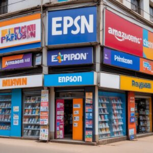 A vibrant collage image showing various Indian e-commerce logos (Amazon India, Flipkart, Paytm Mall) alongside a physical electronics store facade, illustrating buying options for the Epson L3210 printer.