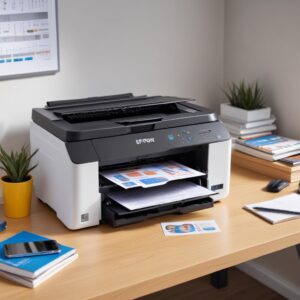 A vibrant image of the Epson L3210 printer on a clean desk, surrounded by office supplies, a laptop, and a smartphone, depicting its multifunctionality for a home office or student.