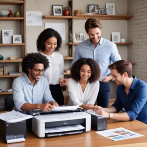 A vibrant image of various people (student, small business owner, family) happily using documents or photos printed from an Epson L3210 printer, symbolizing its versatility and broad appeal.