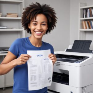 A victorious person smiling and holding up a printed document, with a smoothly operating Epson L3210 printer in the background, symbolizing a successful fix.
