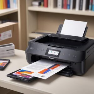 A vivid image of a document being printed from a Canon G2020 printer via Wi-Fi from a smartphone, with the document showing sharp text and vibrant colors. The printer, phone, and Wi-Fi signal should be clearly visible.