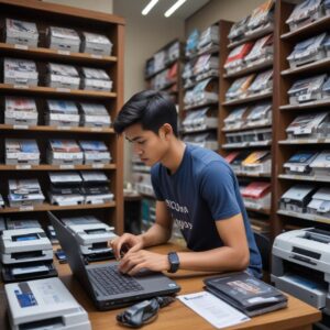 A young student or small business owner in Yogyakarta comparing prices on a laptop and holding a smartphone, looking at different printer models. The scene should convey smart shopping and decision-making.