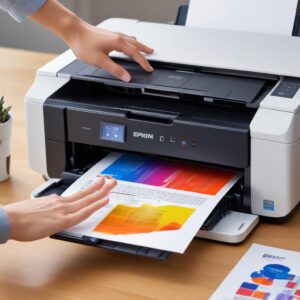 An Epson L3210 printer actively printing a vibrant, colorful document. The ink tanks are full, and the user's hand is gently guiding the printed paper, symbolizing efficient and high-quality output.