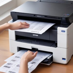 An Epson L3210 printer actively printing a document, with a hand reaching out to pick up the freshly printed page. The overall scene conveys efficiency and completion.