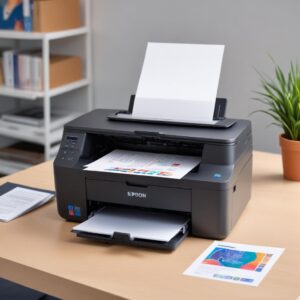 An Epson L3210 printer actively printing a colorful document, with a computer screen in the background showing a