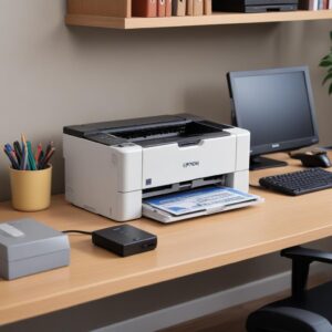 An Epson L3210 printer connected to both a power strip and a UPS (Uninterruptible Power Supply) on a desk, illustrating a safe and stable power setup. The environment looks like a home office.