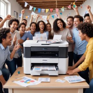 An Epson L3210 printer happily printing colorful documents, surrounded by happy people celebrating efficient printing, symbolizing problem solved and user satisfaction.