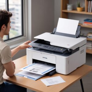 An Epson L3210 printer running smoothly, printing a document without any paper feed issues, symbolizing a successful fix and happy user.