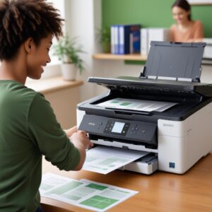 An Epson L3210 printer running smoothly, printing pages, with an optimistic user smiling in the background. The printer's indicator lights are all green, symbolizing