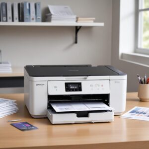 An Epson L3210 printer sitting on a clean, organized desk with a stack of fresh, high-quality paper next to it, ready for printing, symbolizing good maintenance and prevention.